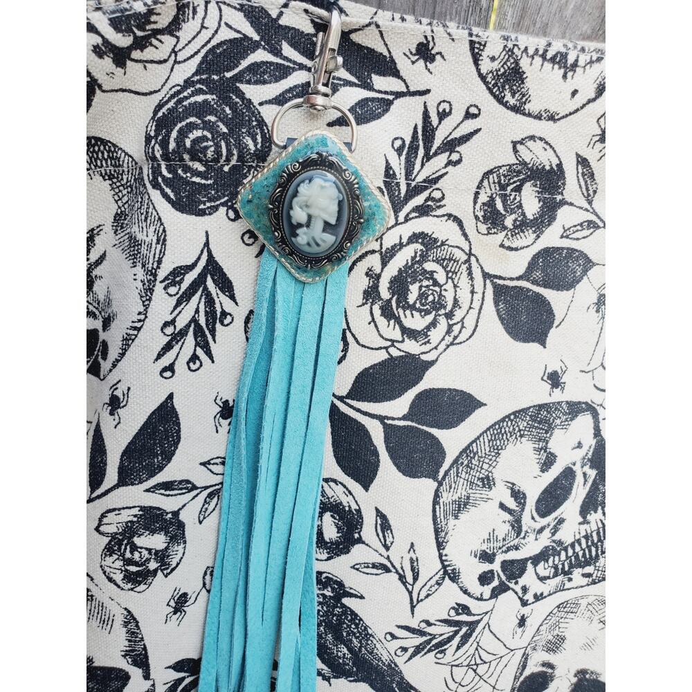 Handmade Halloween horror Leather Fringe Western bag charm, Long fringe keychain